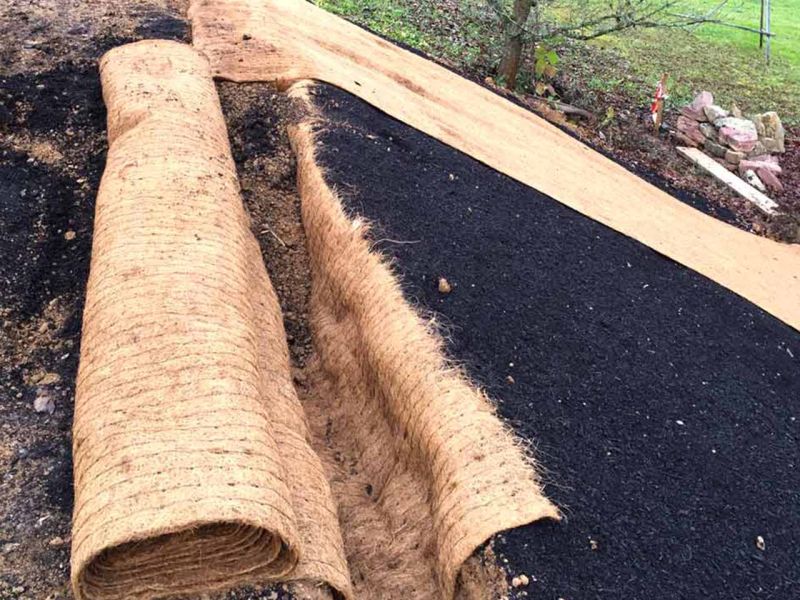 Eine Kokosmatte wird auf einer Hangfläche zur Befestigung und Erosionskontrolle ausgerollt. Am oberen Ende des Hangs liegt die Mulchmatte in einem geraden Graben zum Befestigen.