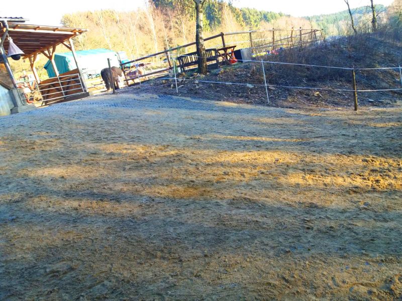 Mit Erde bedeckte Paddockplatten im Freilaufbereich eines Pferdepaddocks. Im Hintergrund sind ein Unterstand und ein Pferd zu sehen.