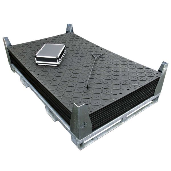 x:tek Fahrplatten aus Kunststoff, 2000 × 1220 mm, beidseitig profiliert, als 10er Fahrplatten-Set inkl. Stahlpalette