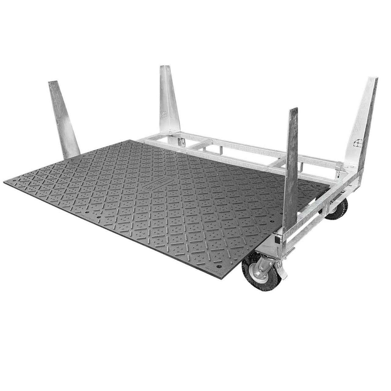 Transportbox für x:tek Fahrplatten-Sets mit klappbaren Eckwinkeln und optionalem Radsatz.