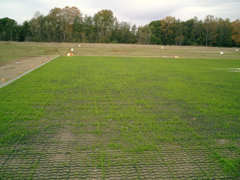 Nahaufnahme einer mit Gittern verstärkten Rasenfläche auf einem Landeplatz.