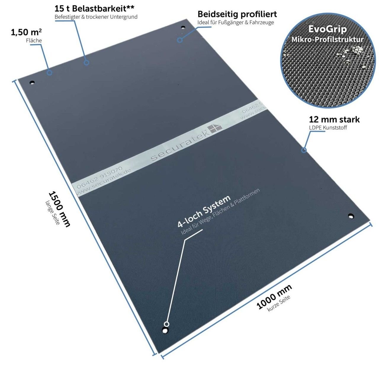 e:tek MINI EVO· Kompakte Fahrplatte · 1500 x 1000 x 12 mm · 1,50 m² · Belastbar bis ca. 15t** · Beidseitige EvoGrip Profilierung · 4 Verbindungslöcher · LDPE Kunststoff