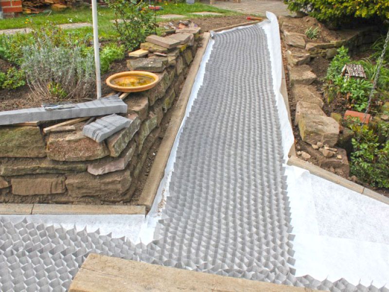 Verlegen von Kieswaben KW50 für einen stabilisierten Kiesweg im Garten