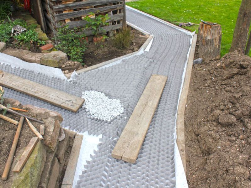 Verlegen von Kieswaben KW50 für einen stabilisierten Kiesweg im Garten