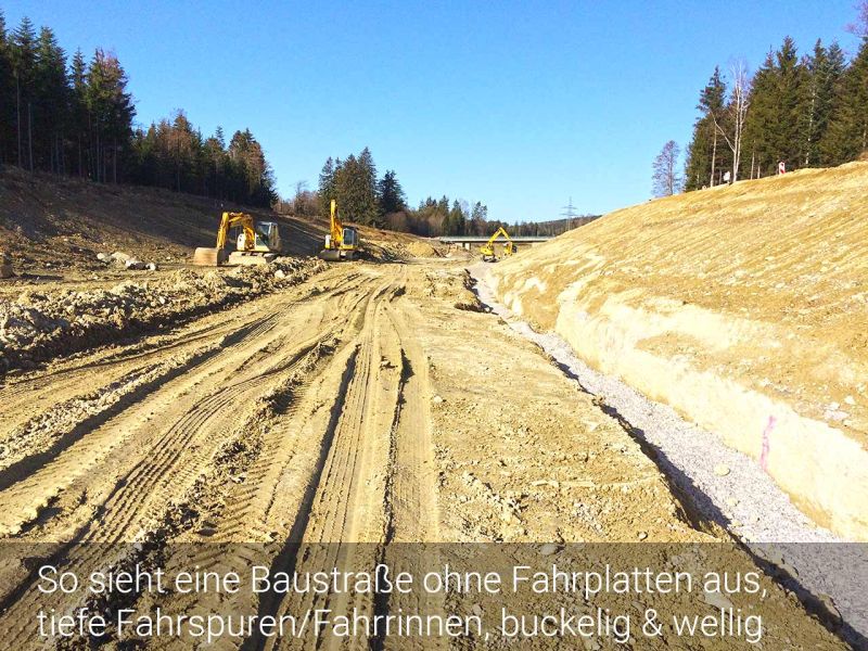 Mobile Baustrasse als Zufahrtslösung für LKW und Bagger im Straßenbau und Verkehrswegebau
