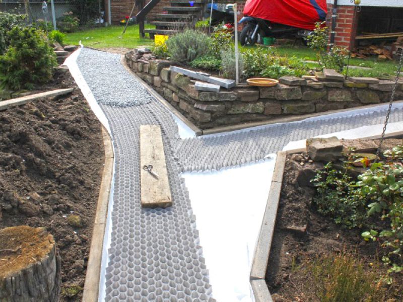 Verlegen von Kieswaben KW50 für einen stabilisierten Kiesweg im Garten