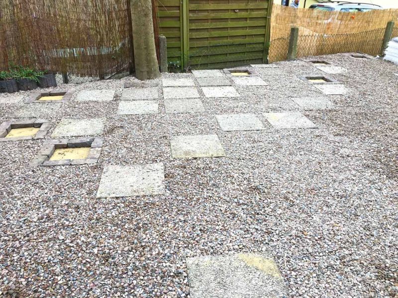 Schön gestalteter Steingarten mit einer Kiesfläche als Terrasse