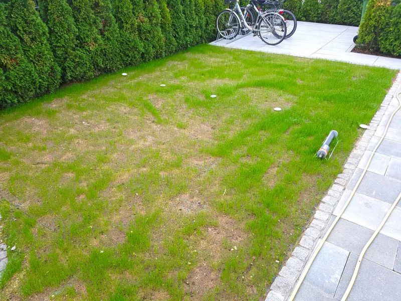 Neben einem gepflasterten Weg ist ein Stellplatz für Fahrzeuge auf Rasen mit Rasengittern zu sehen. Im Hintergrund sieht man eine Hecke und zwei Fahrräder