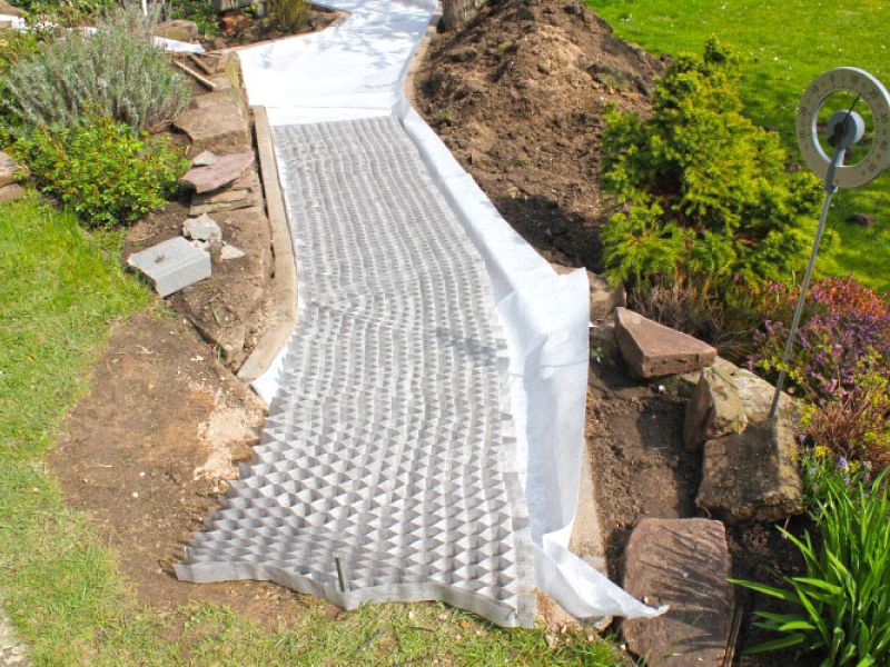 Verlegen von Kieswaben KW50 für einen stabilisierten Kiesweg im Garten