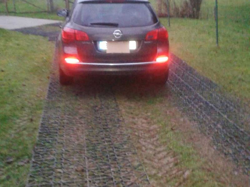 Ein Auto fährt auf einer Fahrstraße aus Rasengittern