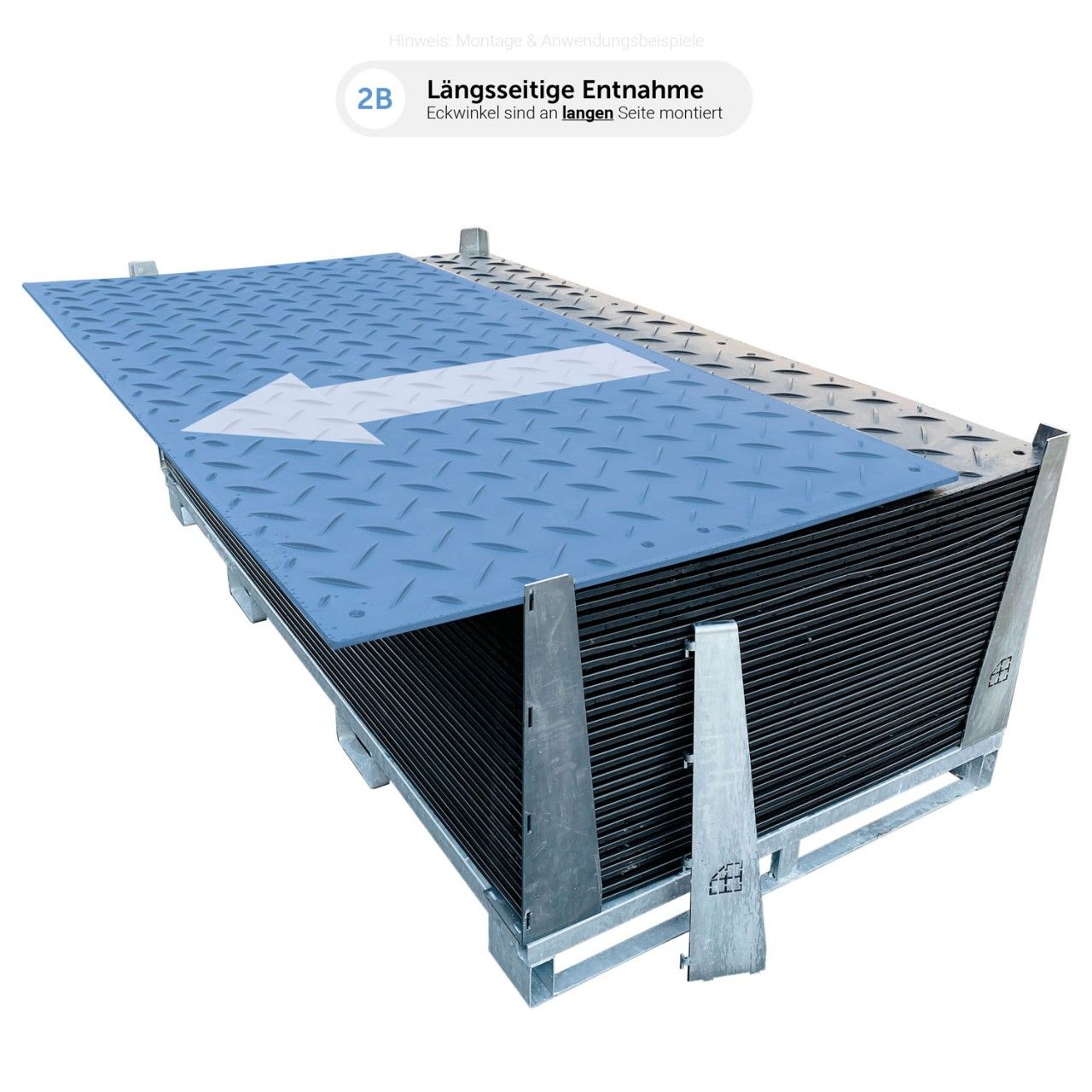 SmartStore Transportgestell - Transportbox mit klappbaren Eckwinkel zur leichteren Entnahme von Fahrplatten und Bodenschutzplatten an der Längsseite.