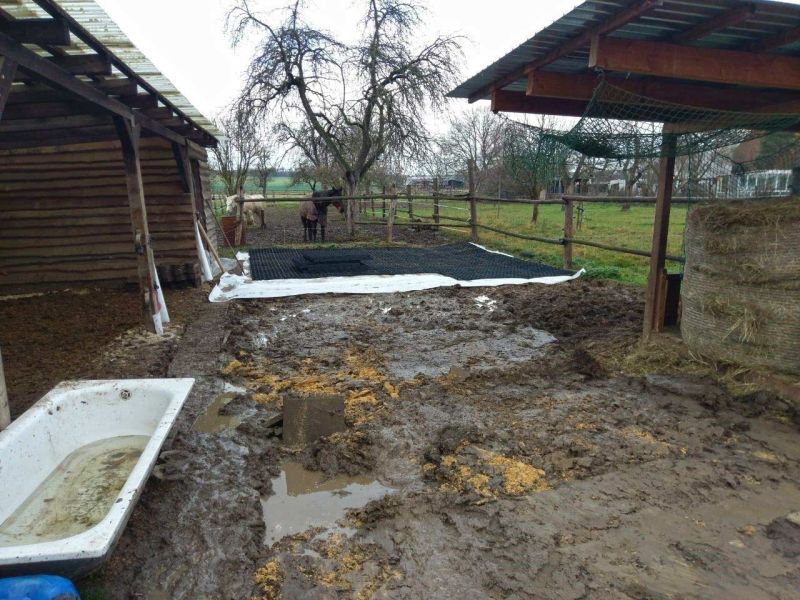 Matsch & Schlamm Ade. Das Paddock versinkt im Matsch, Pferde stehen im Schlamm. Das muss nicht sein, Bodengitter und Trennvlies von Securatek lösen das Problem!