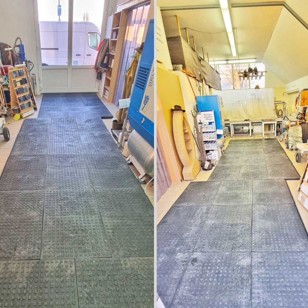 Die FastFloor FF43 Bodenmatten verlegt auf einem Fußboden in einem Gebäude. Durch die Glastür sieht man ein Fahrzeug.