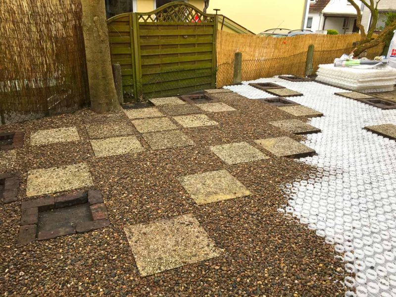 Schön gestalteter Steingarten mit einer Kiesfläche als Terrasse