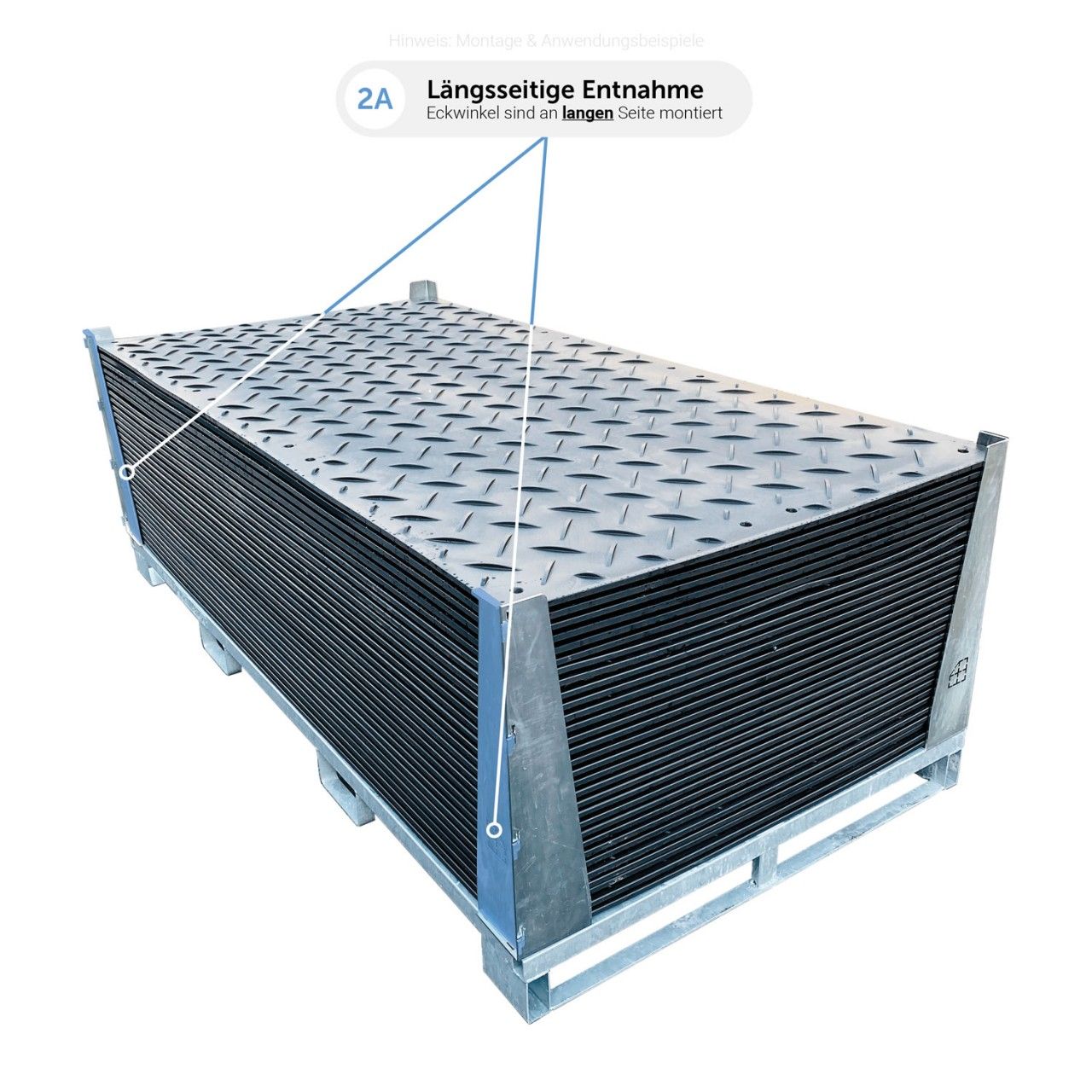 SmartStore Transportgestell - Transportbox mit klappbaren Eckwinkel zur leichteren Entnahme von Fahrplatten und Bodenschutzplatten an der Längsseite.