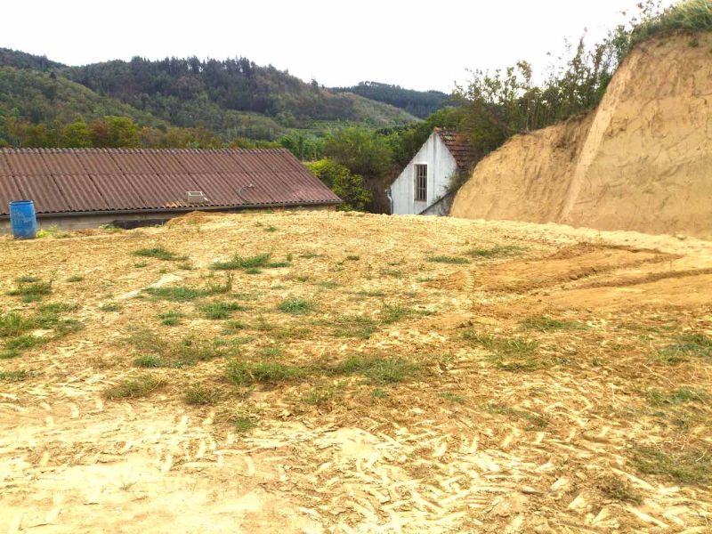 Eine unbebaute, erdige Fläche mit vereinzelten Grasbüscheln und Reifenspuren im Vordergrund. Rechts ragt eine steile, sandige Böschung empor. Im Hintergrund sind ein Gebäude mit braunem Ziegeldach und ein weißes Haus mit Satteldach zu sehen.