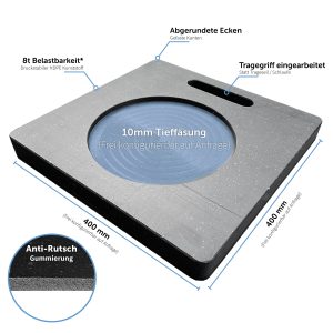 Abmessungen Abstützplatten aus Kunststoff mit Anti-Rutsch-Gummierung und Tieffräsung zur sichern Aufnahme von Kranstützen bzw. Ausleger von Fahrzeugen, Geräten & Maschinen