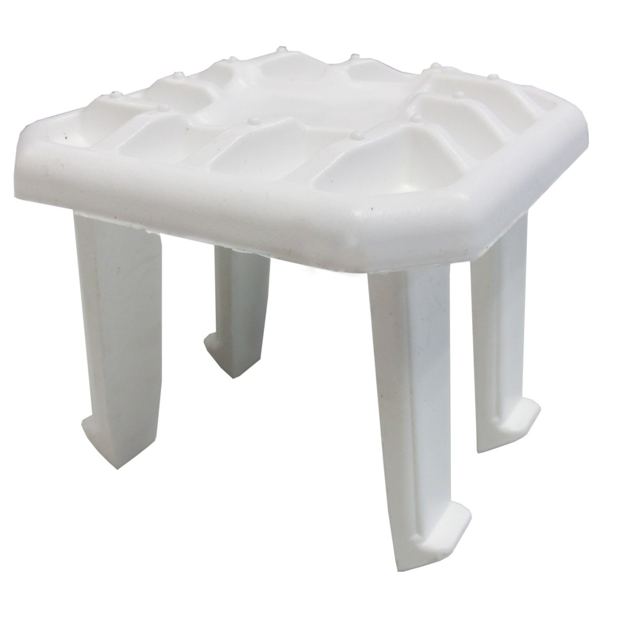 Weißer Kunststoff-Rasengitter-Füller mit vier Standfüßen zur Stabilisierung von Rasengittern und gleichmäßigen Lastverteilung auf begrünten Flächen.