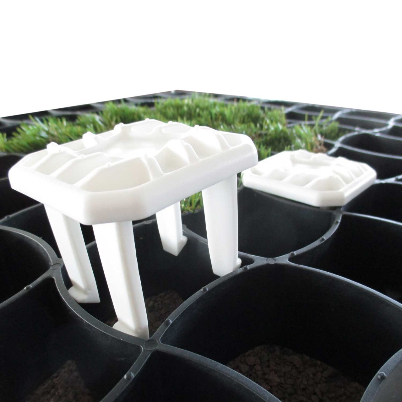 Weiße Abstandshalter in einer schwarzen Kunststoff-Wabenplatte mit Erde und Rasenbewuchs zur Stabilisierung von befahrbaren Grünflächen.