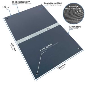 e:tek MINI EVO· Kompakte Fahrplatte · 1500 x 1000 x 12 mm · 1,50 m² · Belastbar bis ca. 15t** · Beidseitige EvoGrip Profilierung · 4 Verbindungslöcher · LDPE Kunststoff