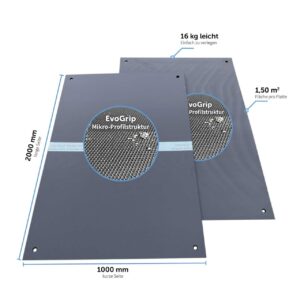 e:tek MINI EVO· Kompakte Fahrplatte · 1500 x 1000 x 12 mm · 1,50 m² · Belastbar bis ca. 15t** · Beidseitige EvoGrip Profilierung · 4 Verbindungslöcher · LDPE Kunststoff