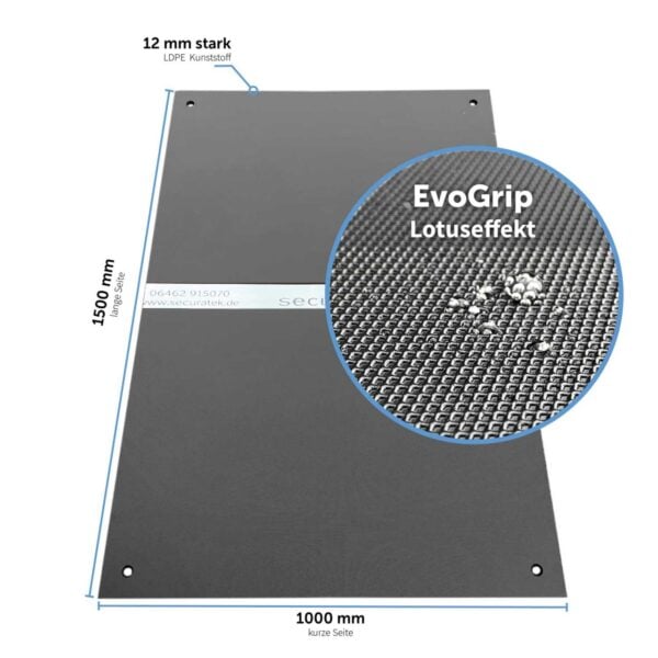 e:tek MINI EVO· Kompakte Fahrplatte · 1500 x 1000 x 12 mm · 1,50 m² · Belastbar bis ca. 15t** · Beidseitige EvoGrip Profilierung · 4 Verbindungslöcher · LDPE Kunststoff