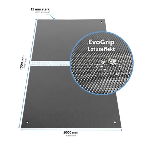 e:tek MINI EVO· Kompakte Fahrplatte · 1500 x 1000 x 12 mm · 1,50 m² · Belastbar bis ca. 15t** · Beidseitige EvoGrip Profilierung · 4 Verbindungslöcher · LDPE Kunststoff