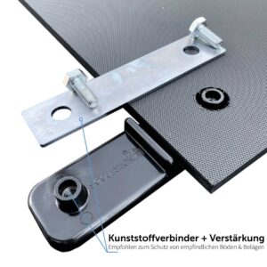 e:tek MINI EVO· Kompakte Fahrplatte · 1500 x 1000 x 12 mm · 1,50 m² · Belastbar bis ca. 15t** · Beidseitige EvoGrip Profilierung · 4 Verbindungslöcher · LDPE Kunststoff