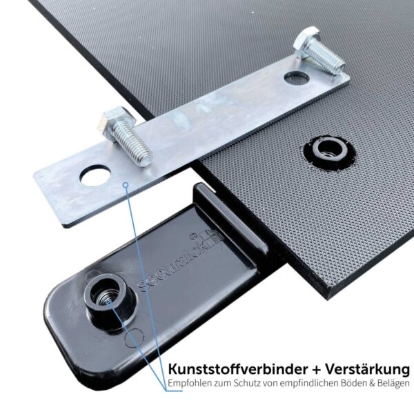 e:tek MINI EVO· Kompakte Fahrplatte · 1500 x 1000 x 12 mm · 1,50 m² · Belastbar bis ca. 15t** · Beidseitige EvoGrip Profilierung · 4 Verbindungslöcher · LDPE Kunststoff