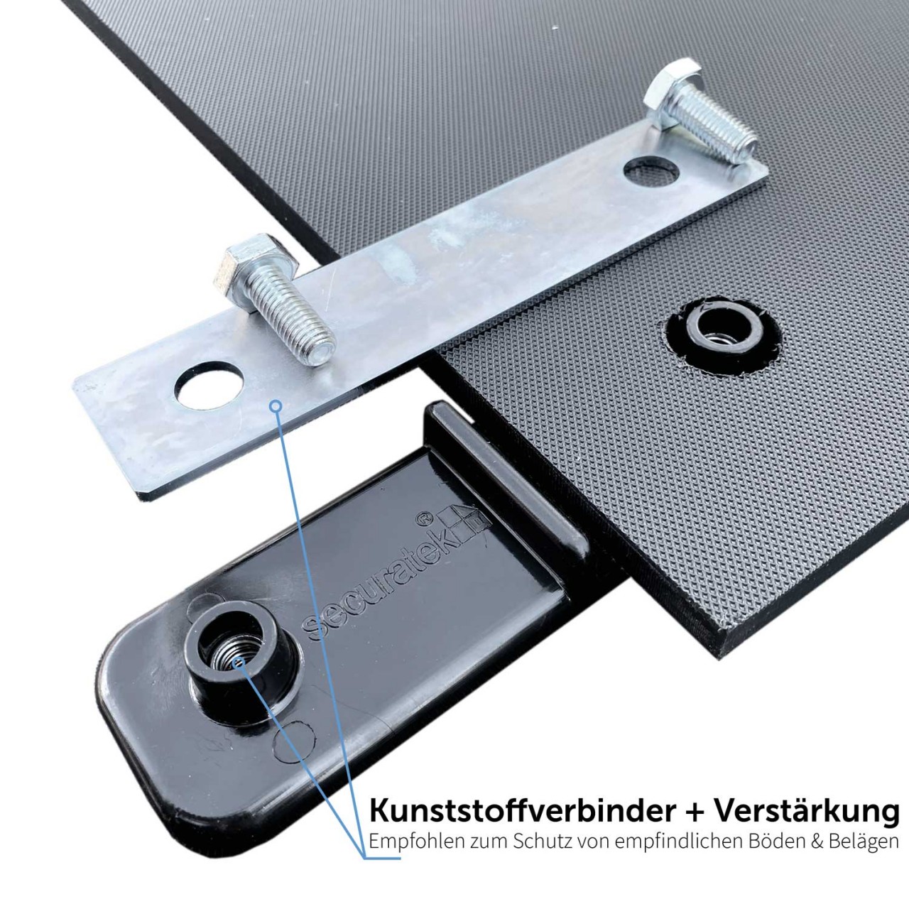 Kunststoffverbinder mit Stahlverstärkung zur sicheren Verbindung und Stabilisierung von Bodenschutzplatten.