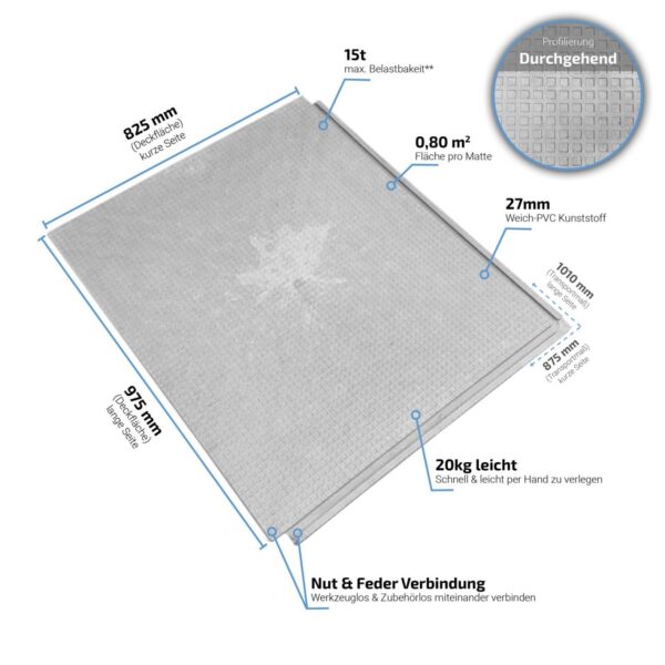 Bodenmatte FastFloor FF27 · 975 x 825 x 27 mm · 4-seitig umlaufendes Falznut zur nahtlosen Verzahnung bzw. Verbindung der Matten und Rampen miteinander.
