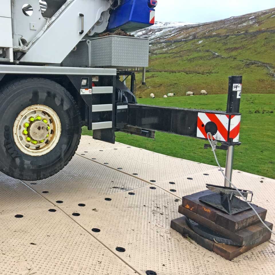 Die SignaRoad Schwerlastplatten und verschiedene Abstützplatten werden als Unterlage zum Abstützen eines Mobilkrans auf einer Wiese verwendet.
