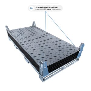 SmartStore Transportgestell - Transportbox mit klappbaren Eckwinkel zur leichteren Entnahme von Fahrplatten an der kurzen Seite.