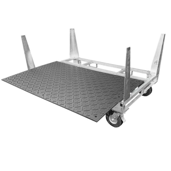 Transportbox für x:tek Fahrplatten-Sets mit klappbaren Eckwinkeln und optionalem Radsatz.