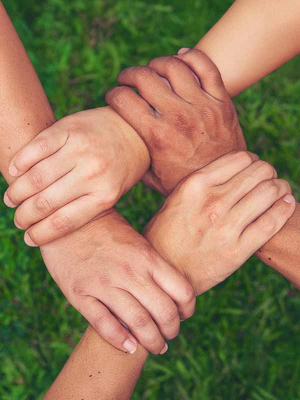 Vier Hände greifen aneinander.