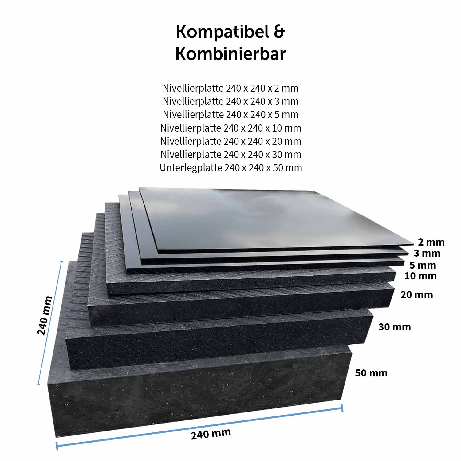 Nivellierplatte und Distanzplatte mit 240 x 240 mm Größe und 2 mm, 3 mm, 5 mm, 10 mm, 20 mm und 30 mm Höhe