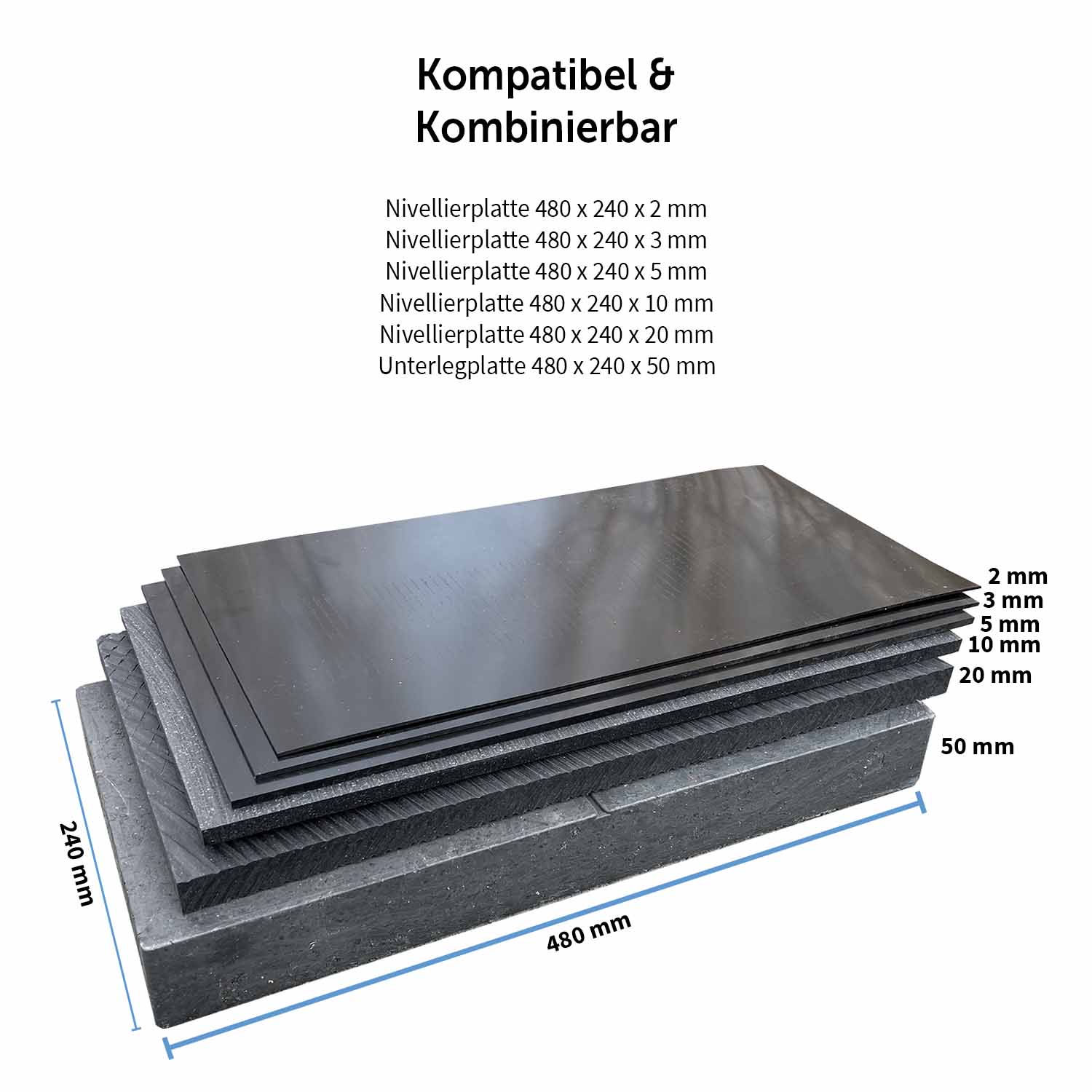 Distanzplatte / Nivellierplatte mit 480 x 240 mm Abmessungen und 2 mm, 3 mm, 5 mm, 10 mm und 20 mm Höhe