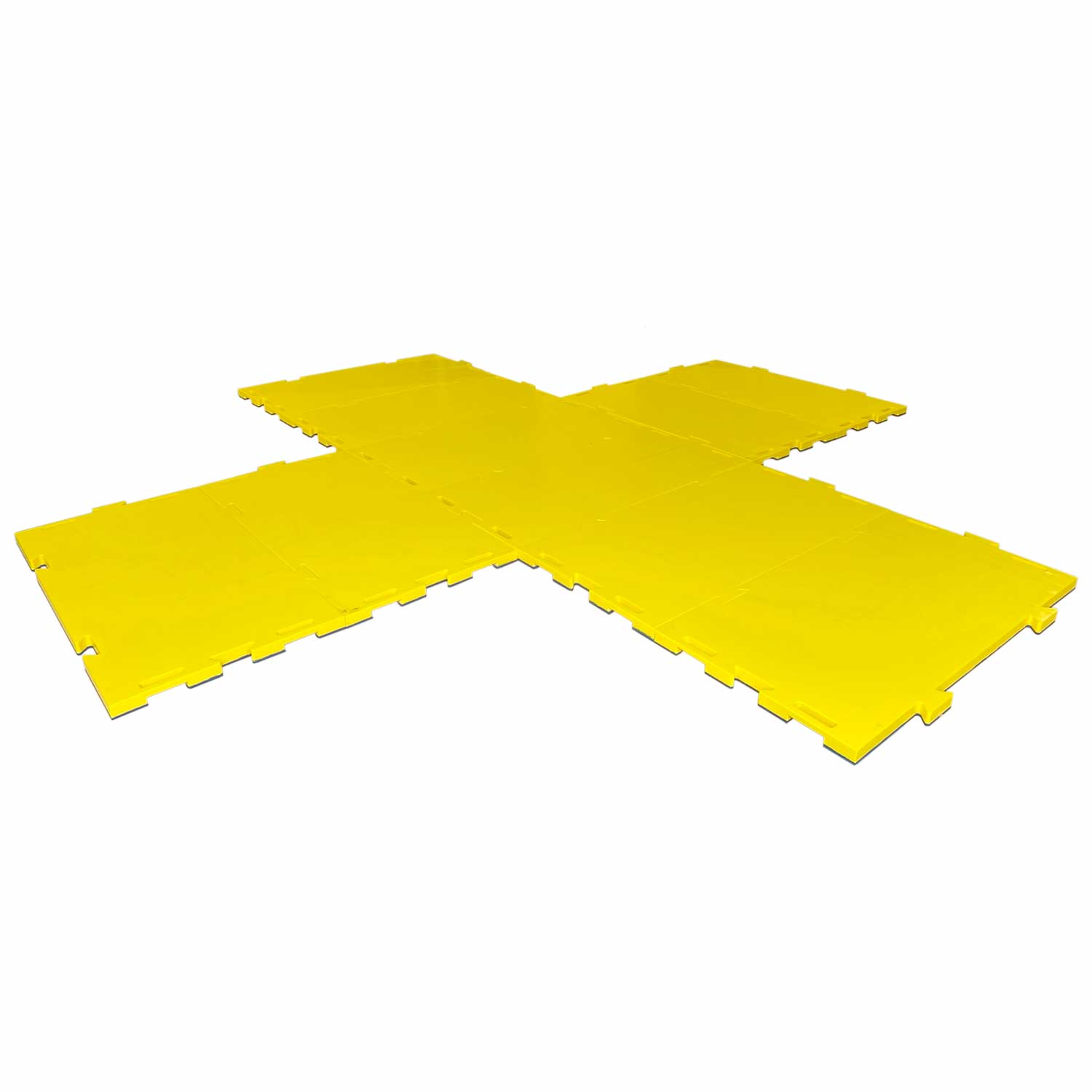 Signalplatten aus Kunststoff als Kreuz verlegt. Die Platten haben ein kräftiges, leuchtendes Signalgelb.