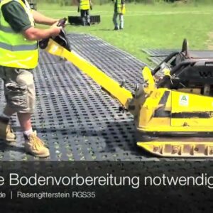 Das Installationsvideo zeigt wie der Rasengitterstein RGS35 auf einem Rasen verlegt und eingerüttelt wird
