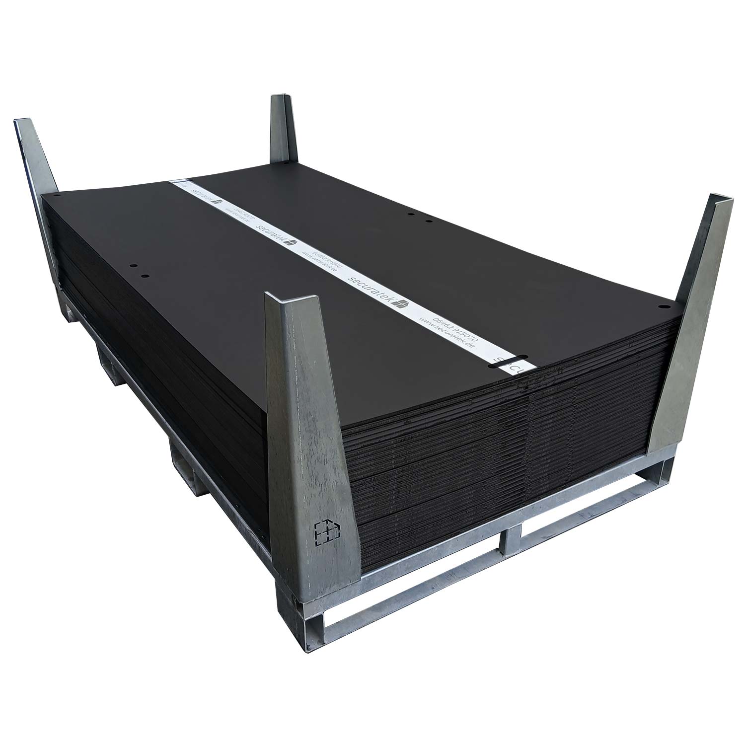 e:tek EVO STD Fahrplatten-Set mit 30 schwarzen Platten auf verzinkter Stahlpalette mit vier Eckwinkeln