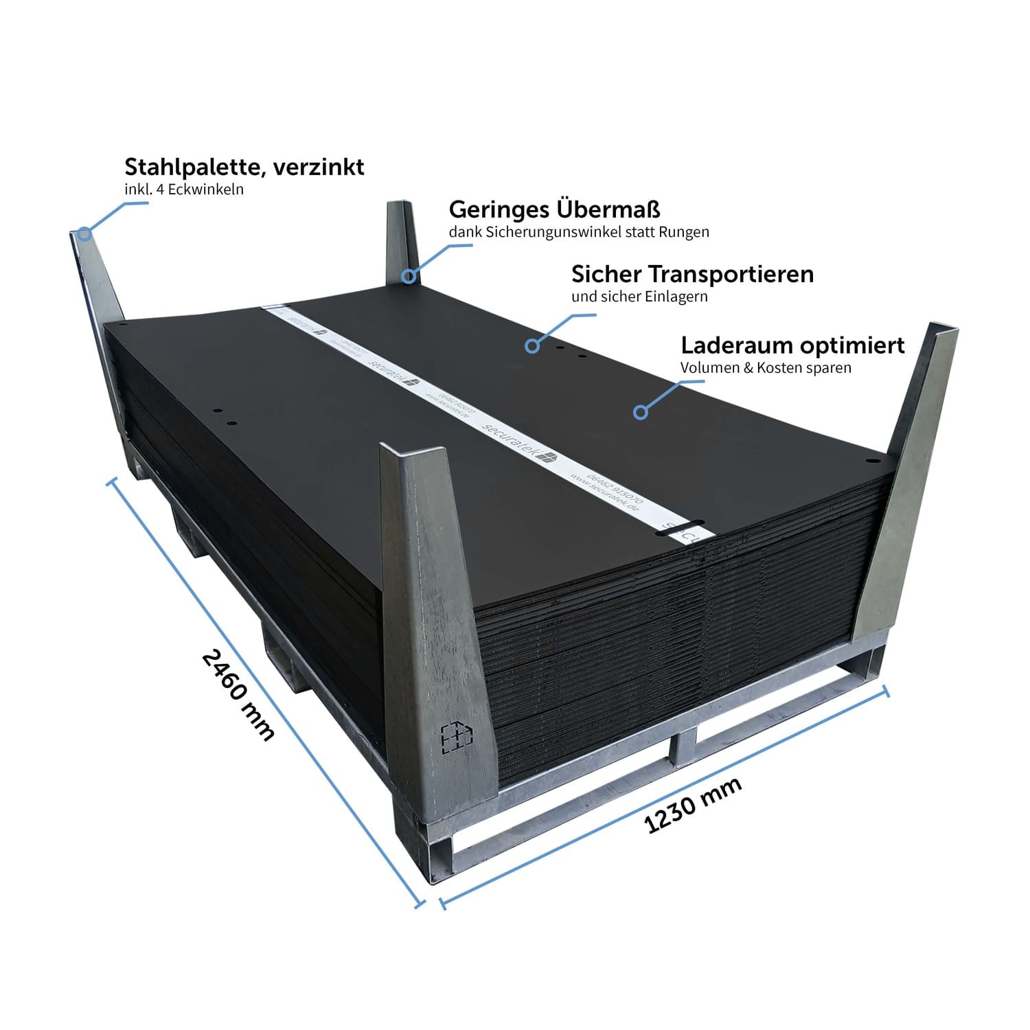 e:tek EVO STD Fahrplatten-Set mit verzinkter Stahlpalette, vier Sicherungswinkeln und Abmessungen von 2460 × 1230 mm